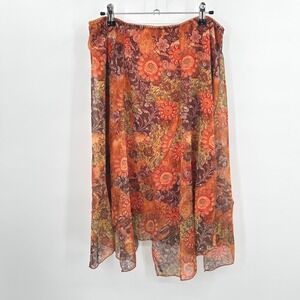 Boho Festival Fairy Skirt L Orange Flowy Sheer Floral Earthy Indie Layered